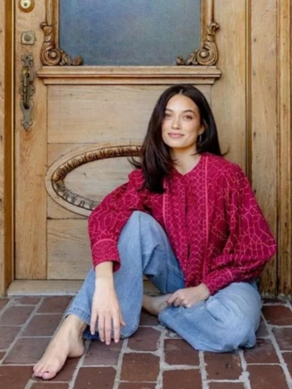 Sue Sartor Boxy Balloon Sleeve Top Burgundy Pink Moroccan Mosaic NWT